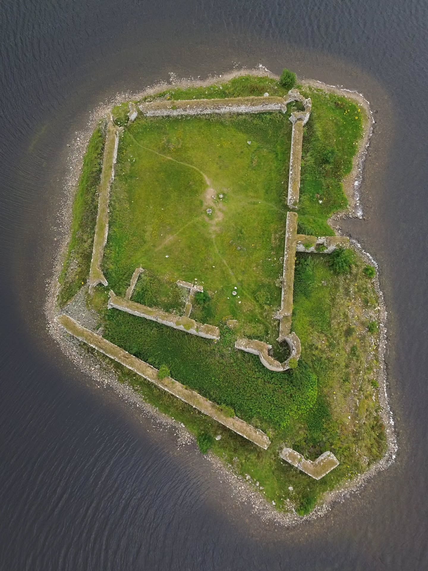 Lochindorb Castle from aboveThistle growing within the Castle walls. Boat house on the Loch.